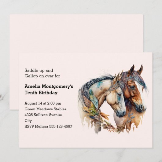 Twee paarden met veren decoraties Boho Verjaardag Kaart (Voorkant / Achterkant)