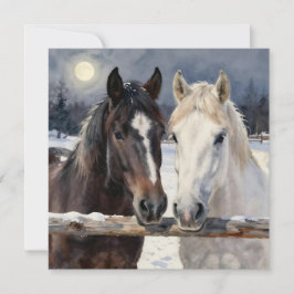 Twee paarden op een besneeuwde boerderij | Blanco Kaart