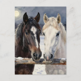 Twee paarden op een besneeuwde boerderij | In cont Briefkaart