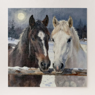 Twee paarden op een besneeuwde boerderij onder de  legpuzzel