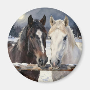 Twee paarden op een besneeuwde boerderij onder de magneet
