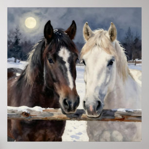 Twee paarden op een besneeuwde boerderij onder de poster