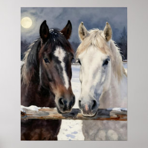 Twee paarden op een besneeuwde boerderij onder de poster