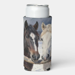Twee paarden op een besneeuwde boerderij onder de  seltzer blikjeskoeler
