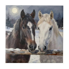 Twee paarden op een besneeuwde boerderij onder de  tegeltje