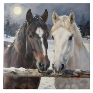 Twee paarden op een besneeuwde boerderij onder de tegeltje