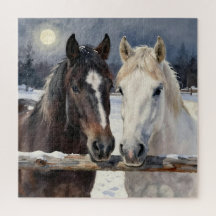 Twee paarden op een besneeuwde boerderij onder het