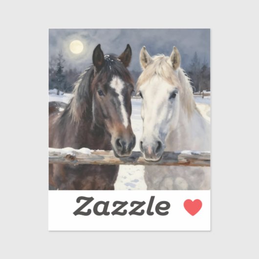 Twee paarden op een besneeuwde boerderij onder het sticker (Vel)
