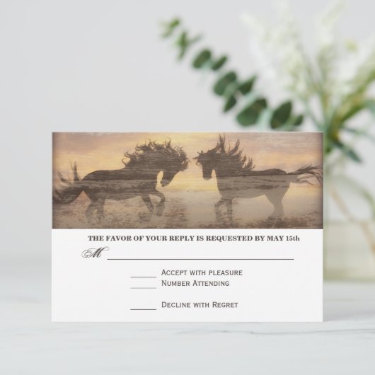 Twee paarden Rustic Country Western Weddenschap RS RSVP Kaartje (Staand voorkant)