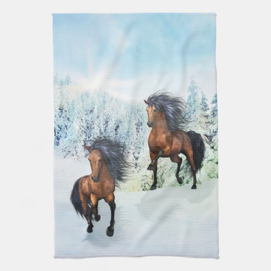 Twee paarden Snowy Scene Theedoek (Verticaal)