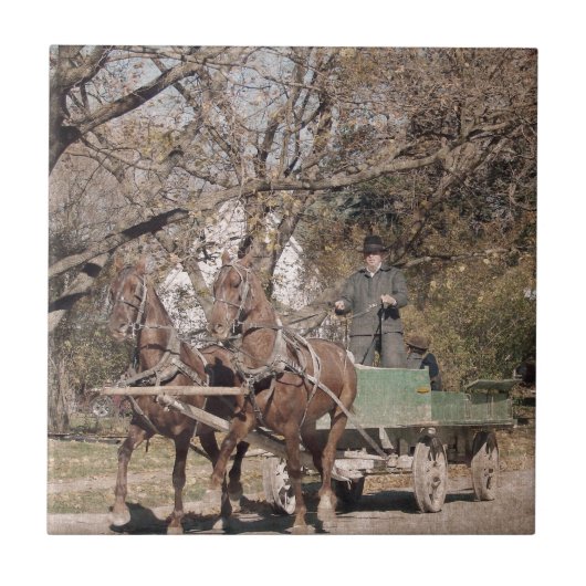 Twee paarden team en wagen tegeltje (Voorkant)