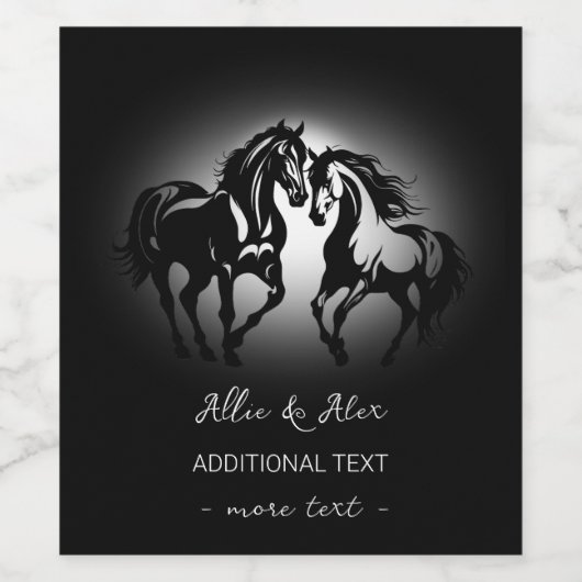 Twee paarden verliefd op zwart wit paardenliefhebb wijn etiket (Enkel label)