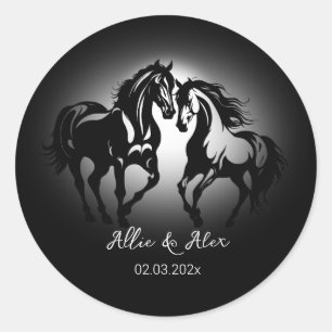 Twee paarden verliefd zwart wit paard minnaar kopp ronde sticker