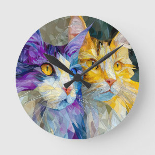 Twee paarse en gele katten ronde klok