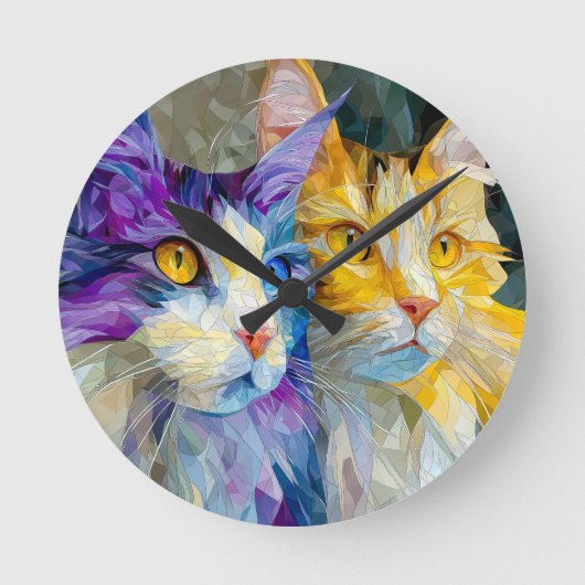 Twee paarse en gele katten ronde klok (Voorkant)