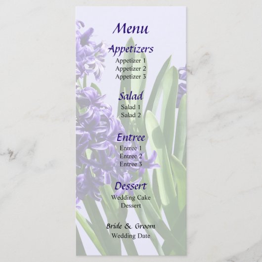 Twee Paarse Hyacinten Trouwmenu Menu (Voorkant)