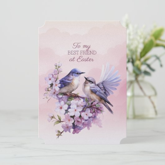 Twee Paarse Vogels Lente Bloemen Beste Vriend Pase Feestdagenkaart (Staand voorkant)
