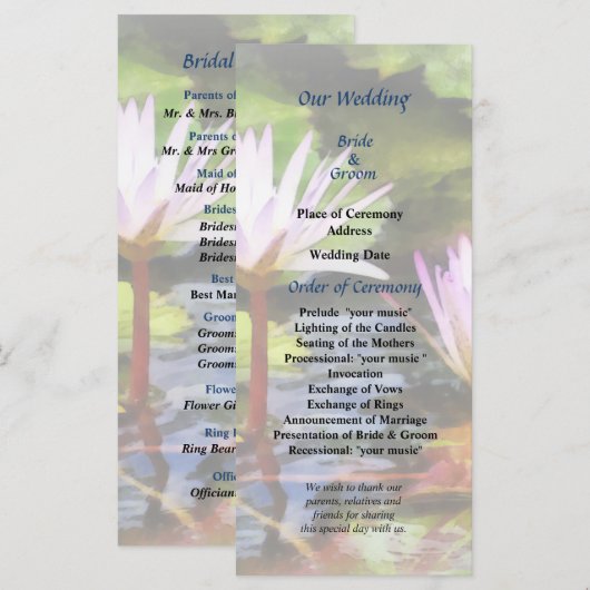 Twee Paarse Water Lotus bruiloft programma Programmakaart (Voorkant / Achterkant)