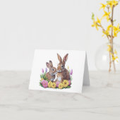 Twee paashaas konijnen met bloemen BLANK Kaart (Gele Bloem)