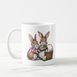 Twee paashaas konijnen met mand en eieren koffiemok