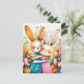 Twee Paashaasjes in Tulpveld Briefkaart (Staand voorkant)