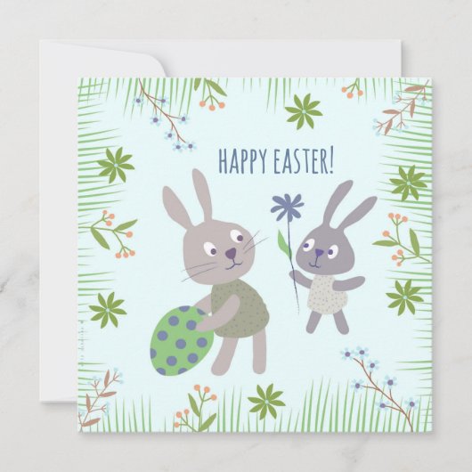 Twee paashaasjes met ei en bloem. kaart (Voorkant)
