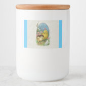 Twee paaskuikens Uitgebroed Ei  Bloemen Blauw Voedselcontainer Etiket (Voorkant)