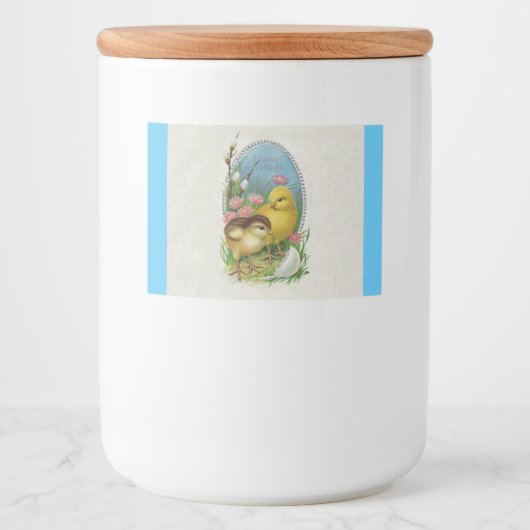 Twee paaskuikens Uitgebroed Ei  Bloemen Blauw Voedselcontainer Etiket (Voorkant)