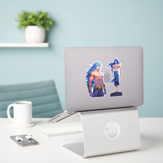 Twee-Pack Fantasy Warrior Stickers | lang blauw ha (Laptop op bureau)