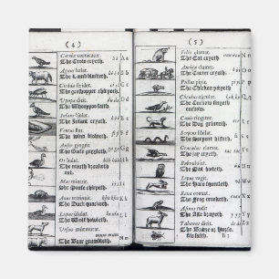 Twee pagina's van 'Orbis Sensualium Pictus' Magneet