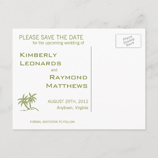 Twee palmen groen tropisch hout opslaan Datum Aankondigingskaart (Achterkant)