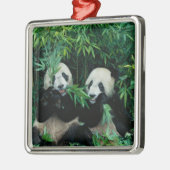 Twee panda's eten samen bamboe, Wolong Metalen Ornament (Links)
