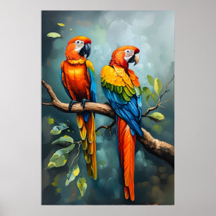 Twee papegaaien op een Branch Tree Oil Painting Ar Poster