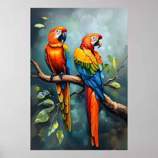 Twee papegaaien op een Branch Tree Oil Painting Ar Poster (Voorkant)