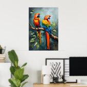 Twee papegaaien op een Branch Tree Oil Painting Ar Poster (Thuiskantoor)