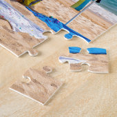 Twee parasols en strandbenodigdheden op zee.JPG Legpuzzel (Zijkant)