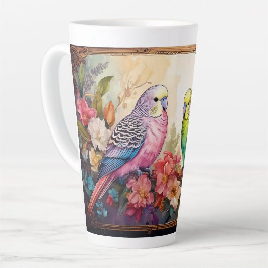 Twee parkieten en bloemen latte mok (Linkerhoek)