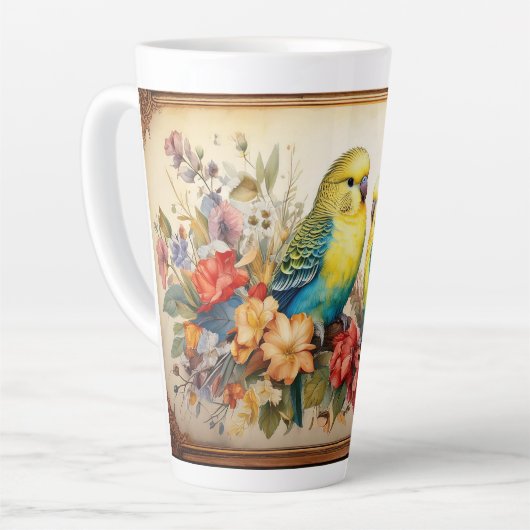 Twee parkieten en bloemen latte mok (Linkerhoek)