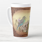 Twee parkieten en bloesems latte mok (Linkerhoek)