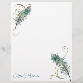 Twee Peacock Feathers en gouden Swirls met Blauwgr