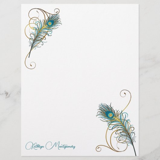 Twee Peacock Feathers en gouden Swirls met Blauwgr (Voorkant)