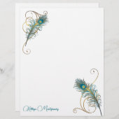 Twee Peacock Feathers en gouden Swirls met Blauwgr (Voorkant / Achterkant)