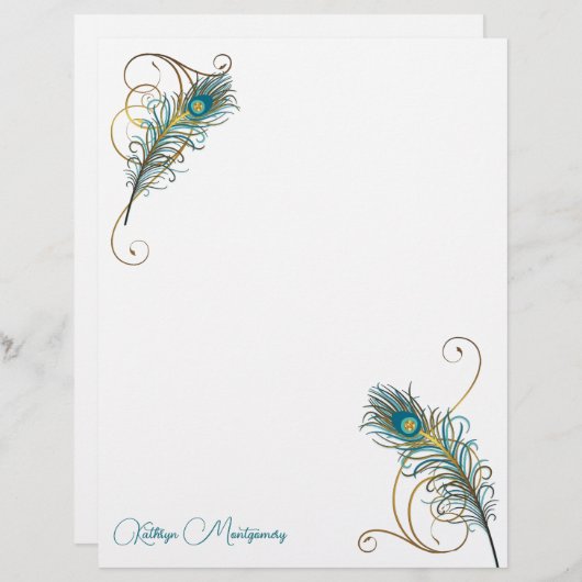 Twee Peacock Feathers en gouden Swirls met Blauwgr (Voorkant / Achterkant)