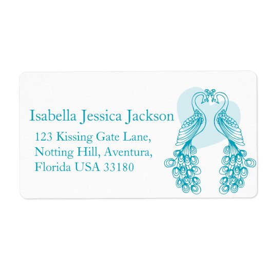 Twee peafowl bruiloft retour antwoord label (Voorkant)