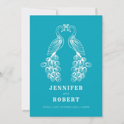 Twee peafowl vogel blauwgroen witte huwelijksuitno kaart (Voorkant)