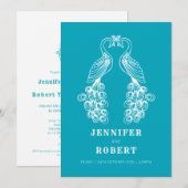 Twee peafowl vogel blauwgroen witte huwelijksuitno kaart (Voorkant / Achterkant)