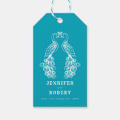 Twee peafuilvogel blauwgroen witte bruiloft labels cadeaulabel (Voorkant)
