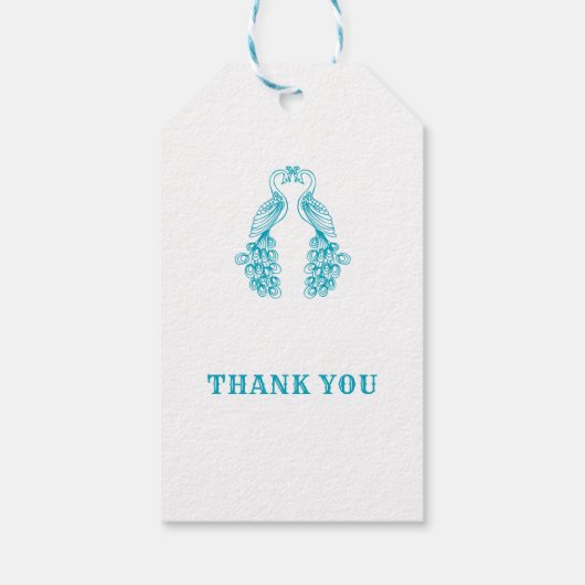 Twee peafuilvogel blauwgroen witte bruiloft labels cadeaulabel (Achterkant)