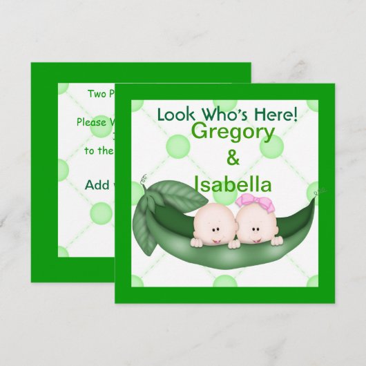 TWEE PEAS IN EEN POD BABY-AANKONDIGINGEN AANKONDIGING (Voorkant / Achterkant)