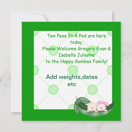 TWEE PEAS IN EEN POD BABY-AANKONDIGINGEN AANKONDIGING (Achterkant)